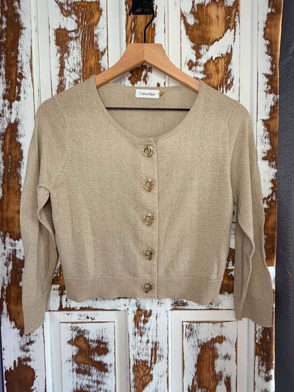 Calvin Klein Cropped Cardigan Sweater Metallic Gold Size S Toggle Closures